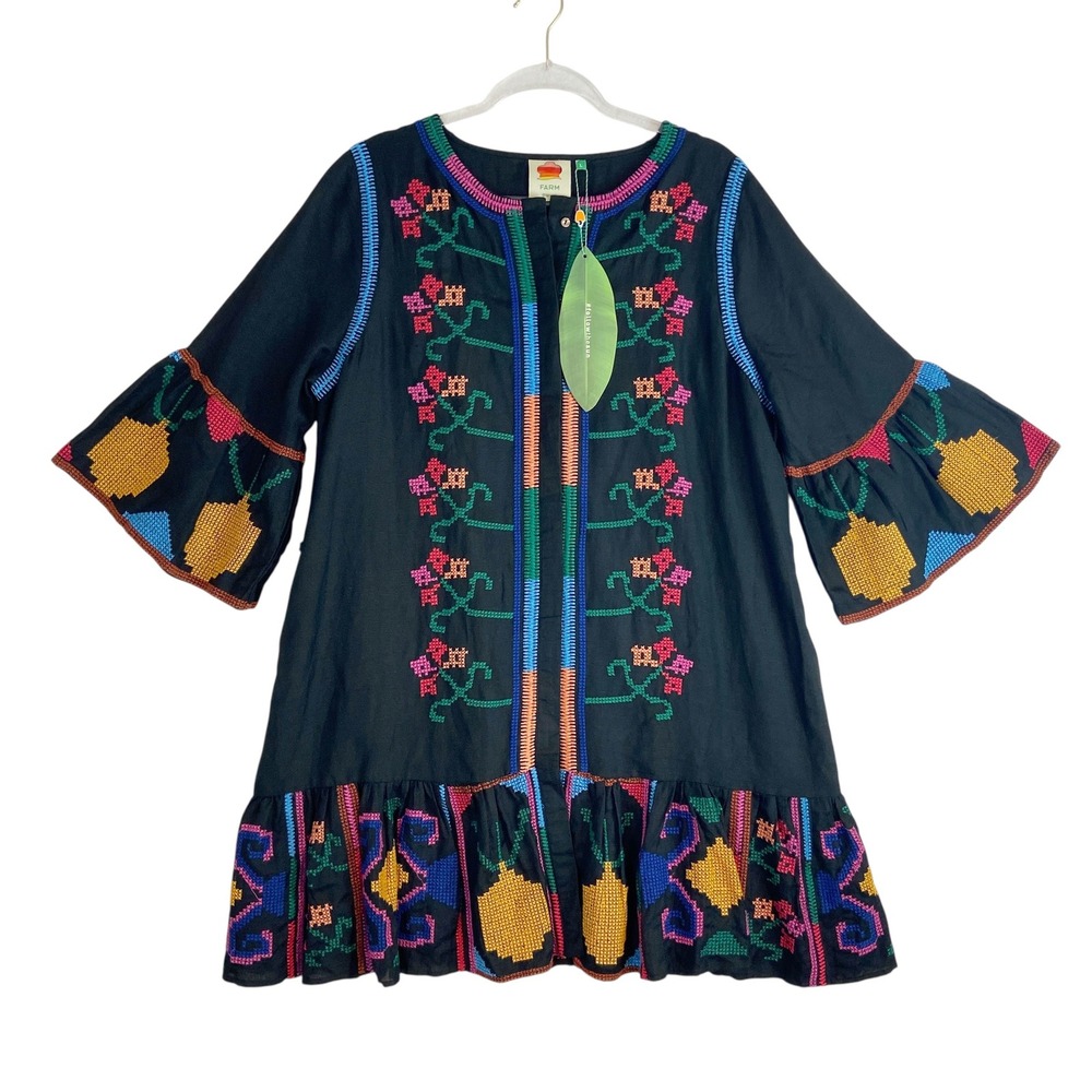 FARM Rio Black Cross Stitch Mini Dress Linen Blend Embroidered Multi Color L‎